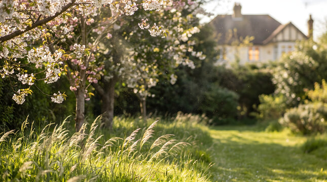 Pollen allergy snapshots showing floating allergen particles in a sunny spring garden with blooming trees
