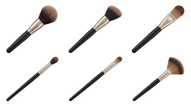 Set of six cosmetic makeup brushes with black handles and brown bristles for face and eye application isolated on a transparent background