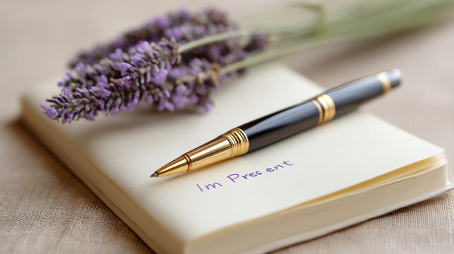 Mindfulness journaling with lavender and elegant pen for serenity and focus