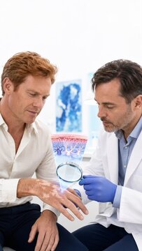 Doctor examines pale patches on a man's hand with a magnifying glass. An enlarged skin layer and branching cells add anatomical context to the bright clinic scene of pigmentation assessment and care.
