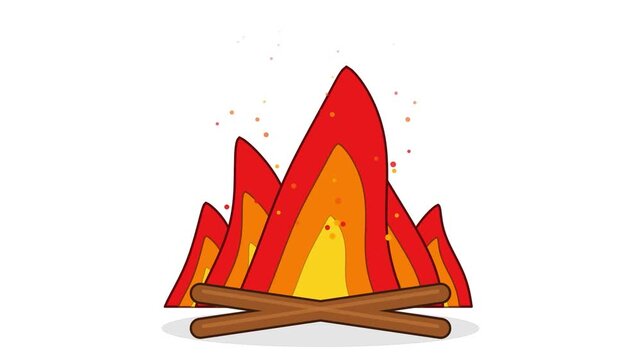Cartoon campfire with burning red flames and sparks isolated on white background 2D digital animation render   
