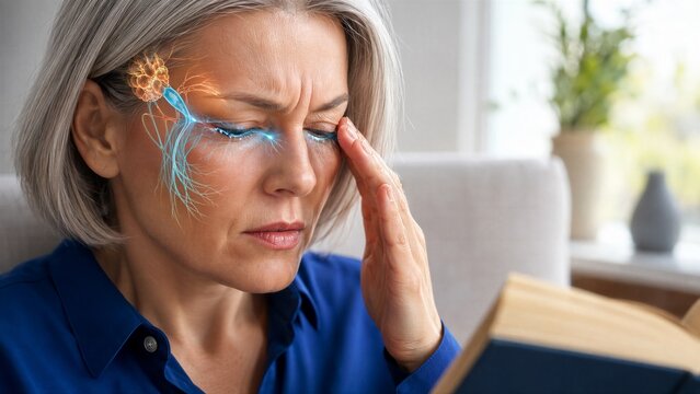 Woman presses her fingers near a closed eye with a strained expression. A glowing gland and branching facial pathways create a concept of dry eye symptoms and tear production in a bright home setting.