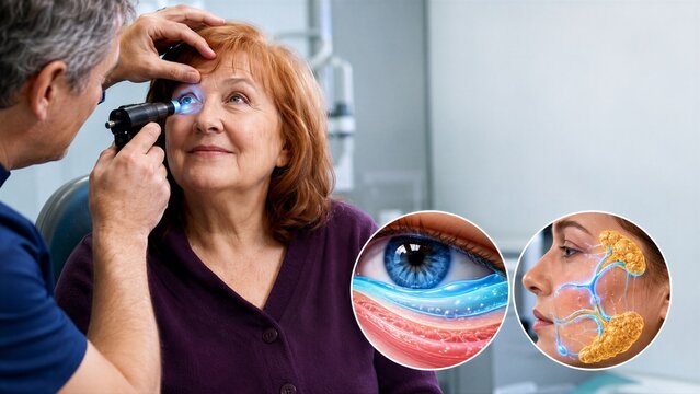 Clinician examines a woman's eye with a handheld light while she looks upward. Enlarged tear film and facial gland insets add anatomical context to a concept of dry eye assessment and secretion.