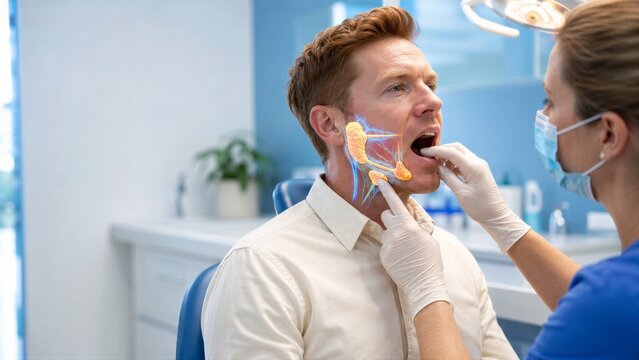 A clinician examines a man's open mouth in a dental chair, with glowing salivary glands and facial pathways. The cutaway presents oral anatomy during an assessment of saliva production and dryness.
