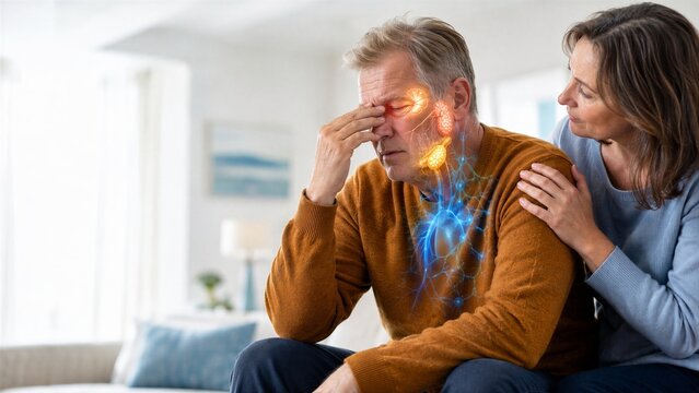 Woman rests a hand on a man's shoulder as he rubs the area around his eyes. Facial glands and a blue lymphatic network present a concept of dryness, gland function and Sjogren syndrome awareness.