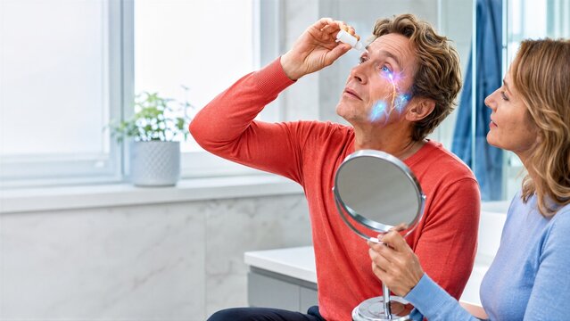A man tilts his head back and prepares to apply eye drops while a companion holds a round mirror. Glowing pathways across his cheek accompany a home care scene focused on eye comfort and lubrication.