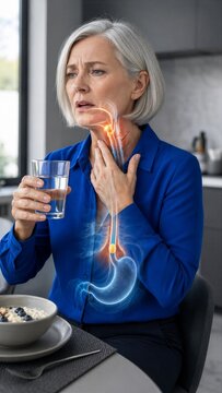 A woman holds a glass of water and touches her throat beside a bowl of oatmeal. A cutaway of the mouth, neck and digestive tract highlights the path of swallowing during a kitchen meal.