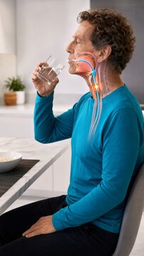 A man brings a glass of water near his mouth beside a bowl of porridge. A side cutaway traces the tongue, throat and esophagus, with a bright focal point and arrow highlighting the swallowing pathway.