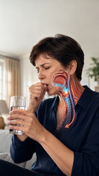 A woman coughs into her fist while holding a glass of water at home. An anatomical cutaway shows her tongue, throat and airway, with colored droplets and an arrow introducing swallowing safety.