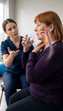 A clinician watches a woman hold water and touch her throat during a swallowing consultation. A side cutaway of the mouth and neck uses a blue arrow to show the route toward the esophagus.