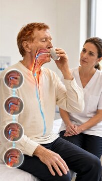 A man drinks from a white cup while a clinician watches in a bright clinic. A cutaway of his mouth and throat, with circular anatomy insets, explains how liquid moves through the swallowing pathway.