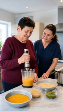 A woman uses a hand blender to prepare a smooth orange puree while a caregiver watches. Bowls of blended food and a saucepan sit on the kitchen counter during a shared meal preparation routine.