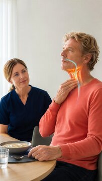 A man touches his throat beside a bowl of puree while a clinician listens. Glowing neck muscles and a highlighted swallowing route connect the consultation with soft food and mealtime support.