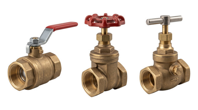Three brass industrial valves including a ball valve with a red lever, a gate valve with a red wheel, and a stop valve with a metal t-handle
