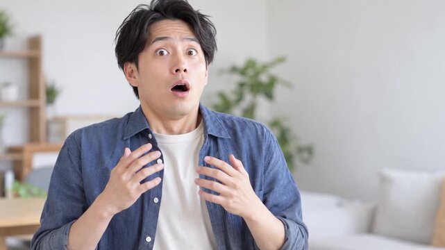Shocked Japanese man in his 30s staring at camera with wide open eyes in disbelief