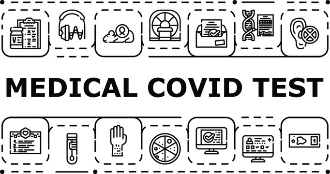Medical covid test banner infographic. Screening laboratory, diagnosis sample, virus antigen icon vector illustration