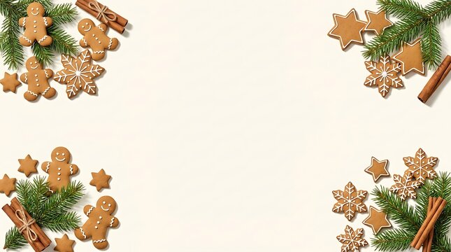 Gingerbread men and star cookies with cinnamon sticks on a neutral background man cookie stick evergreen branc