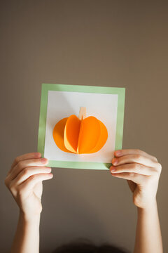 paper craft for kids. DIY card with pumpkin for thanksgiving day. create art for children.