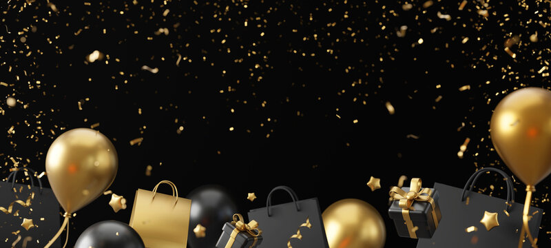 Black friday banner sale design of balloons and gift box with confetti on black background with copy space 3D render