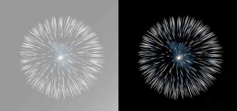 Bright firework starburst with white light streaks, silver glitter particles and curved spark showers for festive event decoration
