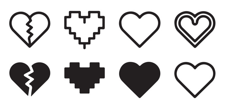 Black heart shape collection including broken and pixelated styles for versatile romantic graphic design work.