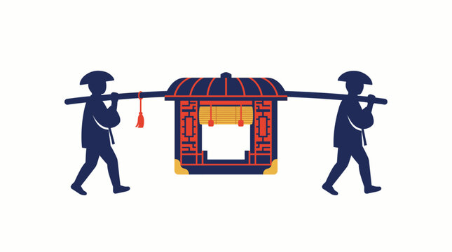 Daimyo procession palanquin kago with bearers, Edo period Japan flat vector icon