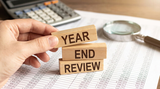 Year end financial report review wooden block calculator magnifier ledger table. Annual report accounting management performance review statistic analysis inspecting planning productivity