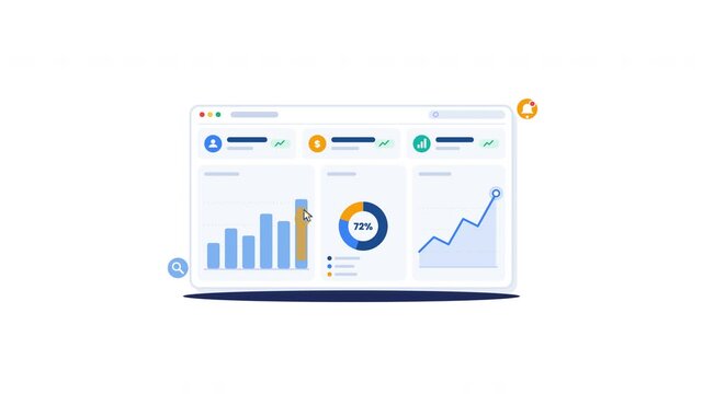 Business data dashboard interface with animated charts and graphs