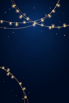 Curved light bulb strings and sparkling stars on deep blue night background holiday banner template