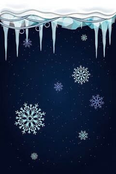 Winter background with hanging icicles, snow and snowflakes on dark blue vertical copy space