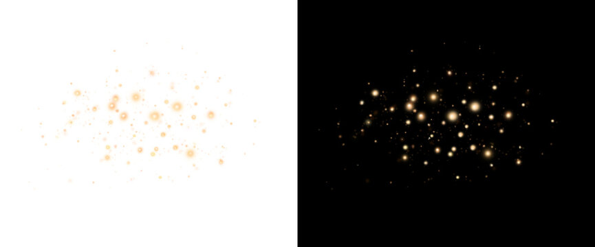 Golden glowing particles and stardust bokeh effect. Sparkling golden ember overlay shown on black and transparent PNG background
