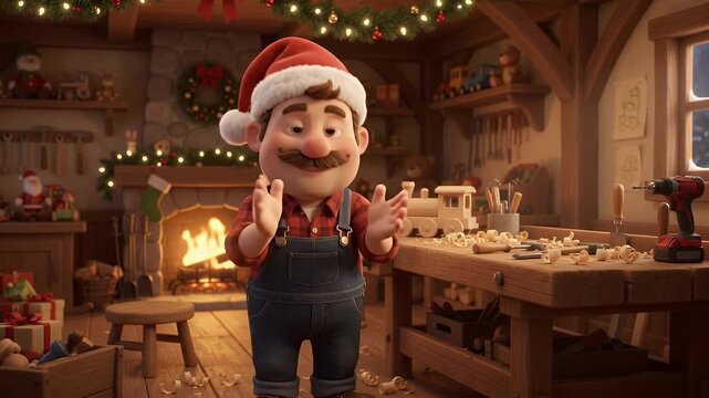 Cheerful Cartoon Carpenter in Santa Hat Clapping in Cozy Workshop - A happy cartoon carpenter wearing a Santa hat and overalls claps his hands beside a wooden workbench in a cozy Christmas workshop.