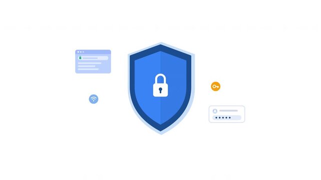 Blue security shield icons and user login authentication elements