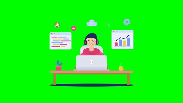 Young man working on laptop with data icons on green screen