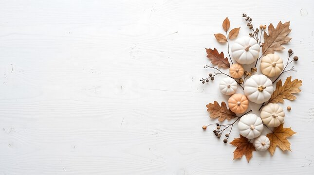 Minimalist Flat Lay of White Pumpkins on Wooden Desk with Copy Space