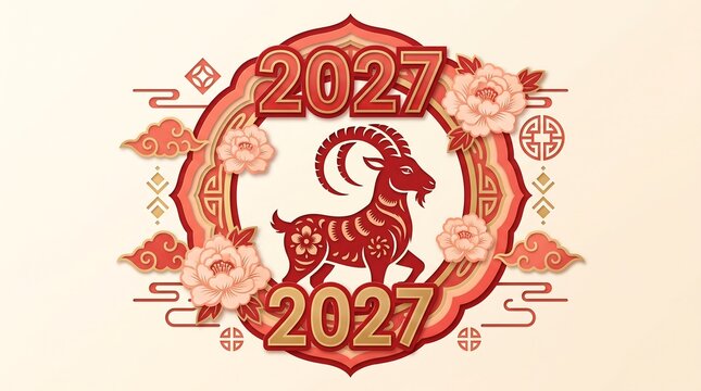 A festive Chinese New Year illustration for 2027, featuring a red goat, peonies, and auspicious clouds.