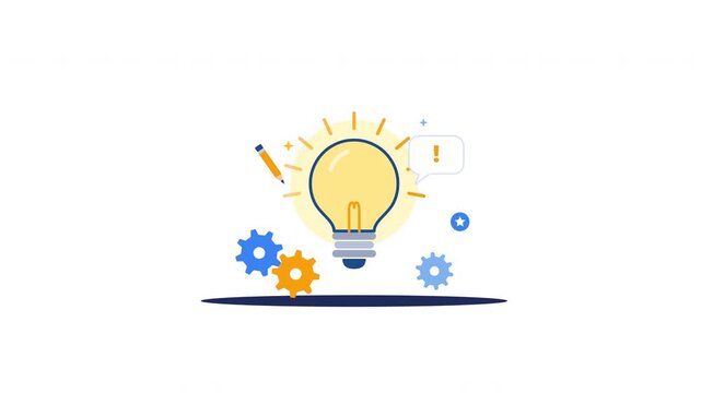 Light bulb glowing with creative gear and pencil icons