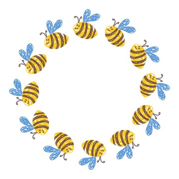Circular arrangement of twelve playful crayon-style bees with yellow bodies, brown stripes, and blue wings. Symmetrical childlike insect illustration perfect for kids art