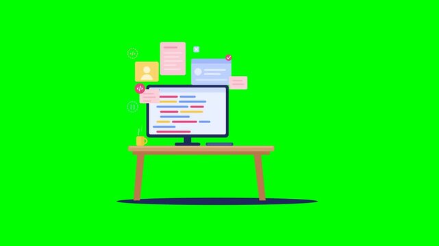 Computer workstation animation with coding and floating app icons