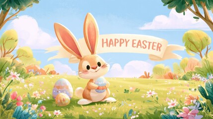 Fototapeta premium Bright Easter Theme Illustration with Bunny, Flowers, and Banner for Young Readers