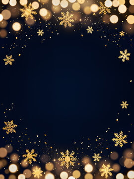 Christmas red ornaments and golden snowflakes side frame on dark blue background, AI-generated holiday design