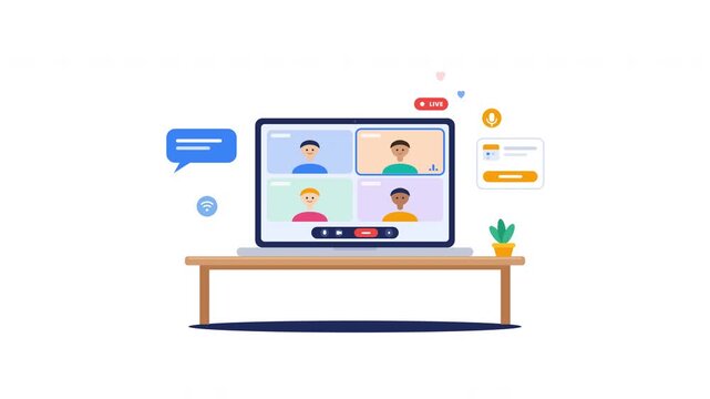 Laptop screen showing group video conference on wooden desk