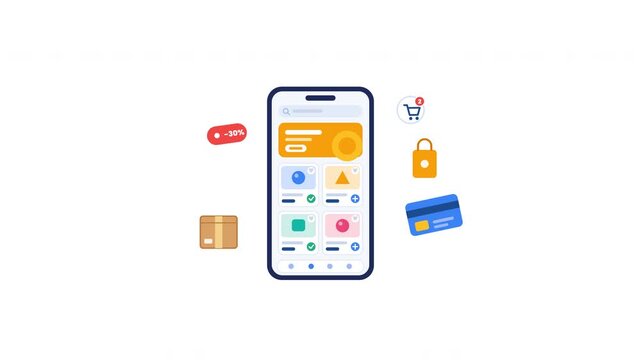 Smartphone with mobile shopping app interface and e-commerce icons