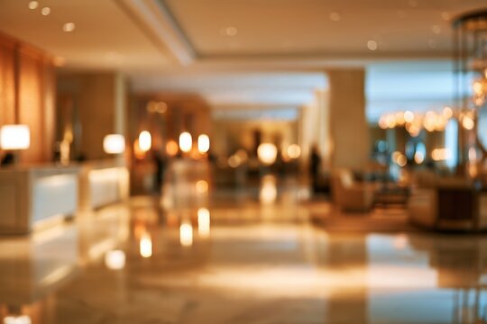 Calm, blurred reception area in a modern hotel lobby