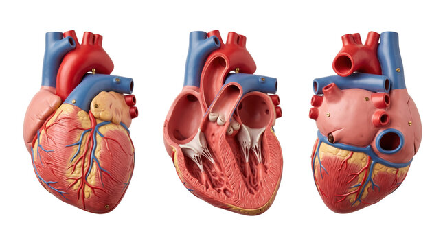 Three anatomical models of a human heart, showing external structure and internal cross-section views isolated on a white background