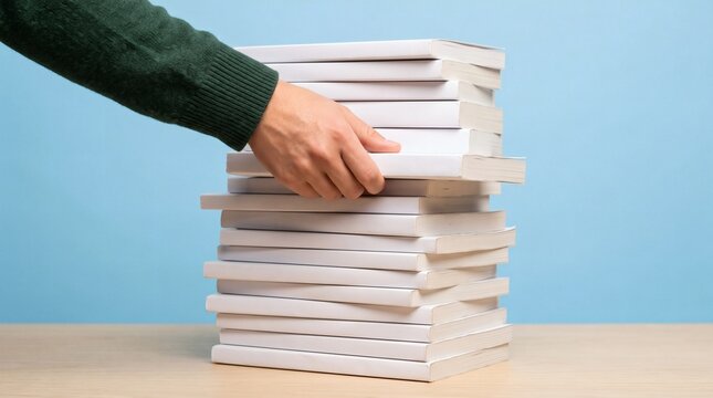 Hand reaching for stack of books on table against blue background.