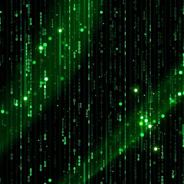 Abstract digital binary code background with falling green data streams and glowing light particles