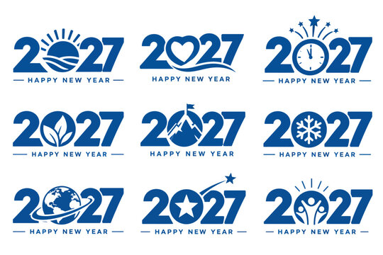 Set of nine blue 2027 happy new year with icons of sun, heart, clock, globe, and people