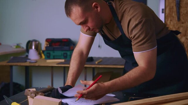 Focused craftsman sketches designs on paper with red pencil. He wears gloves and an apron while working at his bench. Tools and wood pile surround him in workshop space. Ideal for construction, design