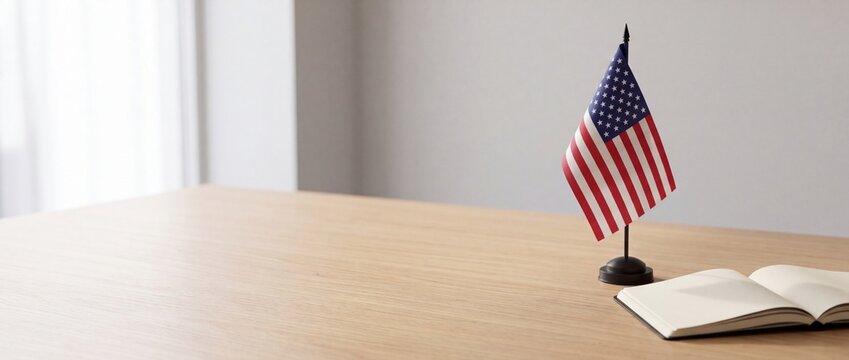 A small flag of the united states standing on a wooden desk with a notebook with blank notebook bright white wall background upright light wooden wooden table next miniature flag professional